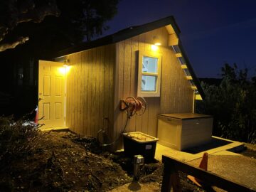 Shed glowing at night