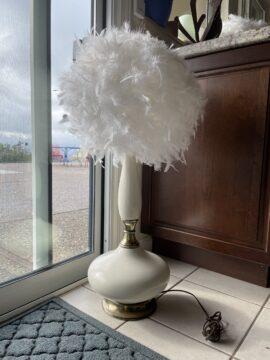 Feather-shade-topped lamp